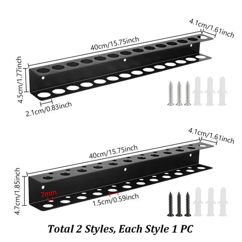 2 Pack Wall Mount Screwdriver Organizer And Heavy Duty Iron Tool Holder 15.75 Inch Long With 7mm 15mm 21mm Holes Black