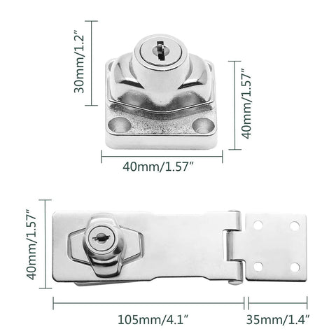 Keyed Alike 4 Inch Hasp Locks 2 Pack With Twist Knob Key Locking Hasp Stainless Steel Cabinet And Door Catch Lock For Home Office Use Easy To Install No Fuss Setup Keys Open Both Locks Durable Heavy Duty Security Silver shown in dimensions