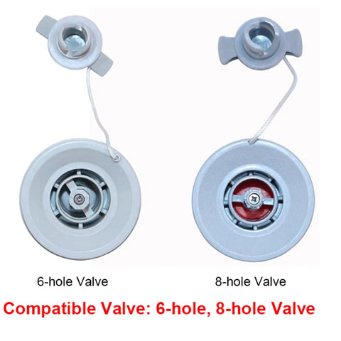 Two compatible valve caps, one 6-hole and one 8-hole, for Beefy Air Pressure Gauge For Inflatable Boats Kayaks And Float Tubes The Handy Tool.