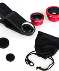 3 In 1 Universal Fish Eye Lens Macro Clip Lens Wide Angle Kit For iPhone Android iPad And Most Smartphones Grab And Go Pro Grade Optical Glass Durable Aluminum Build Red set with pouch