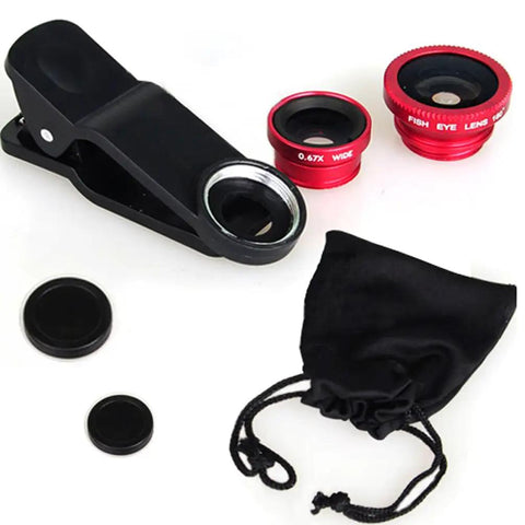 3 In 1 Universal Fish Eye Lens Macro Clip Lens Wide Angle Kit For iPhone Android iPad And Most Smartphones Grab And Go Pro Grade Optical Glass Durable Aluminum Build Red set with pouch