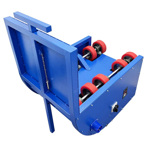 Industrial Electric Drum Rotator Mixer spins heavy 52 8 gallon drums with smooth variable speed, featuring bright blue housing and rollers.