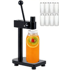 Black Manual Height Adjustable Can Sealer Machine With Ten Standard Aluminum Cans And Heavy Duty Sealing Cups for home brewing and drink sealing.