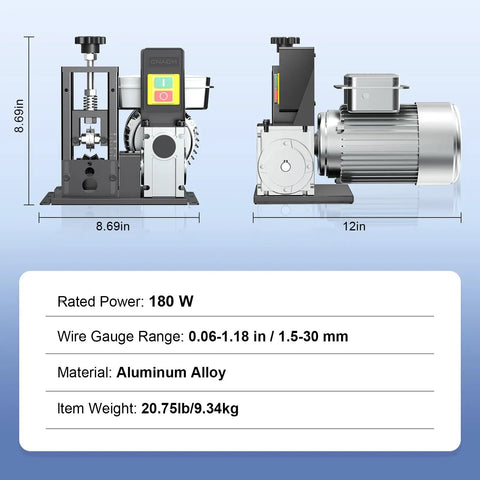 Heavy Duty Automatic Wire Stripper Machine With 180 Watt Motor And Adjustable Feed Holes for copper recycling, features power rating and dimensions.