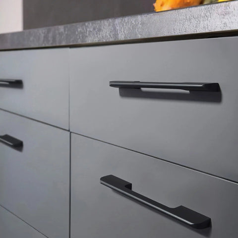 Matte Black Six Point Three Inch Hole Center Cabinet Pulls 5 Pack Modern Bar Style Euro Dresser Handles for Kitchen Cupboards Includes M4 Screws and Extra Pack Hardware on grey cabinets