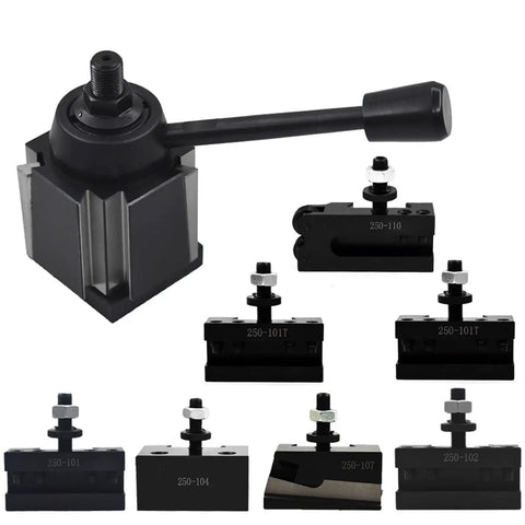Top Shelf Quick Change Tool Holder Kit For Wedge Style Mini Lathe Up To 12 Inch Swing showing tool posts and holder components.