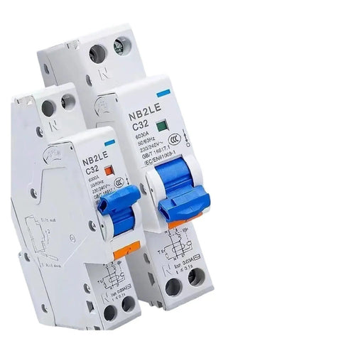 Big Time 1P And N Residual Current Circuit Breaker With Real Time Leakage Scan and Air Handler Line Guard plus three breakers stacked.
