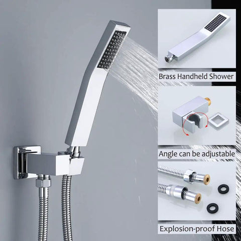 Brass handheld shower with adjustable angle, part of the Polished Chrome Shower System Kit Full Wall Mount With 12 Inch Rainfall Head.