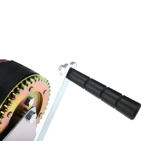 Close-up of the handle and gear system of a 600 Lb Heavy Duty Hand Winch With 6m Rope And 2 Inch Polyester Strap, 3:1 Gear.
