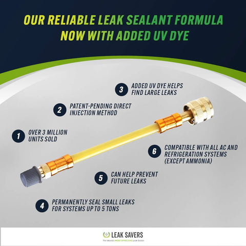 Leak Saver Direct Inject UV refrigerant leak sealer tool with yellow tube and brass fittings for AC/refrigeration/auto systems up to 5 tons