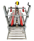 No Fuss Heavy Duty Automatic Tape Carton Sealing Machine Wide Adjustable Width And Height Settings top view showing rollers and tape dispenser.