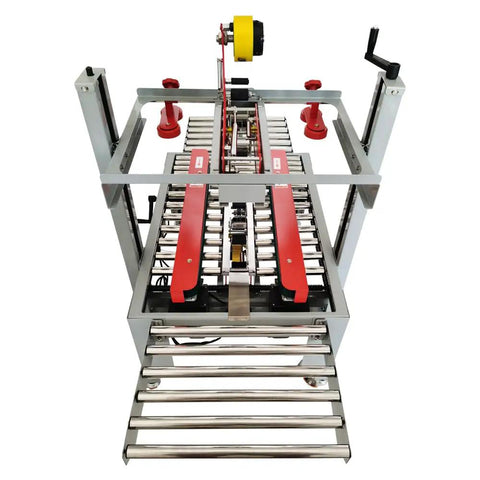 No Fuss Heavy Duty Automatic Tape Carton Sealing Machine Wide Adjustable Width And Height Settings top view showing rollers and tape dispenser.