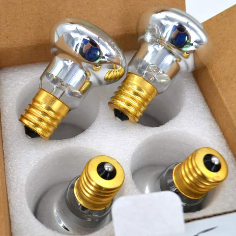 4 Pack R39 E17 25 Watt Incandescent Reflector Bulbs For Lava Lamps And Glitter Lamps packaged in box with E17 bases visible