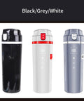 Grind Hard Play Hard 12 And 24V Car Kettle Boiler 500 Milliliter Hot Water Heater for Road Trips in black, grey, and white colors.