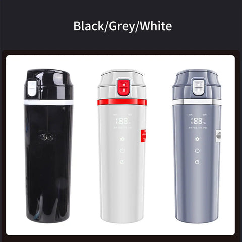 Grind Hard Play Hard 12 And 24V Car Kettle Boiler 500 Milliliter Hot Water Heater for Road Trips in black, grey, and white colors.