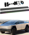 Plug And Play Deployable Running Boards For Tesla Cybertruck with LED lights, aluminum mounts and hardware on a Cybertruck.