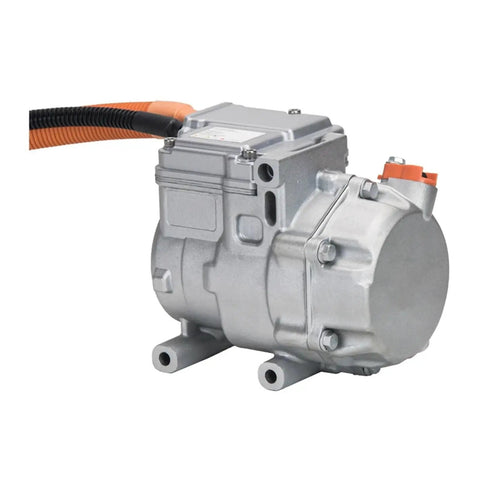 Universal 18CC 12V DC Electric Parking Air Conditioner Compressor with silver finish for trucks, buses, vans and RVs.