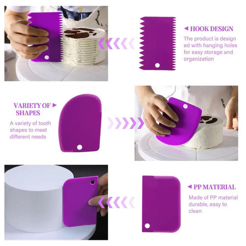 Image showing Purple Cake Decorating Kit With Rotating Turntable 14 Piece Essentials Including Icing Scrapers being used on cake.