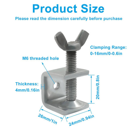 Stainless Steel C Clamp Tiger Clamp Set Two Pack 20mm Wide Jaws with 0-16mm clamping range and M6 threaded hole dimensions