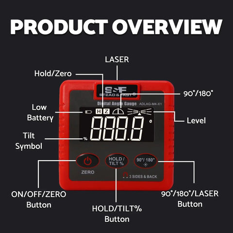 Rock Solid Heavy Duty Magnetic Digital Angle Finder Featuring A Slick Extra Large Auto Invert Lcd Display For Dang Precise Leveling and Easy Shop Job Tracking overview with buttons and display highlights.