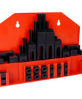 Beefy Heavy Duty T Slot Clamping Kit For Milling Machines with Heat Treated Tool Steel, set with T nuts, step blocks, and studs on red rack