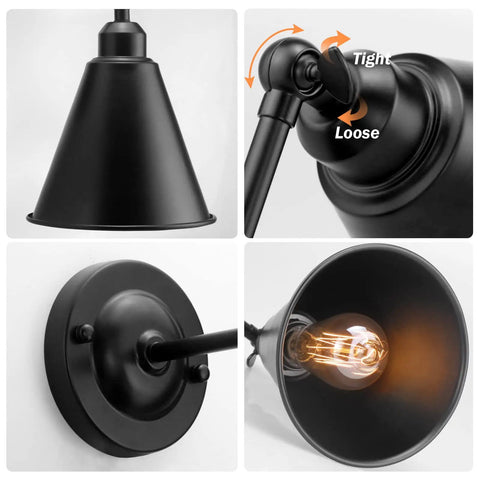 Close-up views of Two Pack Industrial Vintage Modern Matte Black Wall Sconces With Adjustable Swing Arm 180 Degree Tilt Antique Farmhouse Style Indoor Lighting.