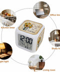 Slick Farmhouse Sunflower Bee Cube Digital Alarm Clock with nightlight in cozy kitchen setting, showing time and temperature.