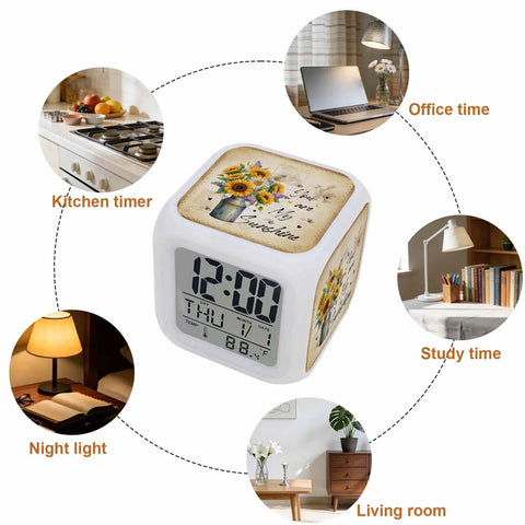 Slick Farmhouse Sunflower Bee Cube Digital Alarm Clock with nightlight in cozy kitchen setting, showing time and temperature.