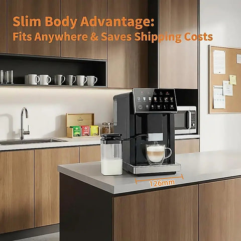 Premium Automatic Espresso Machine Featuring Integrated Grinder And Quick Froth Wand Plus 20 Bar Dual Boiler Coffee Maker on kitchen counter.
