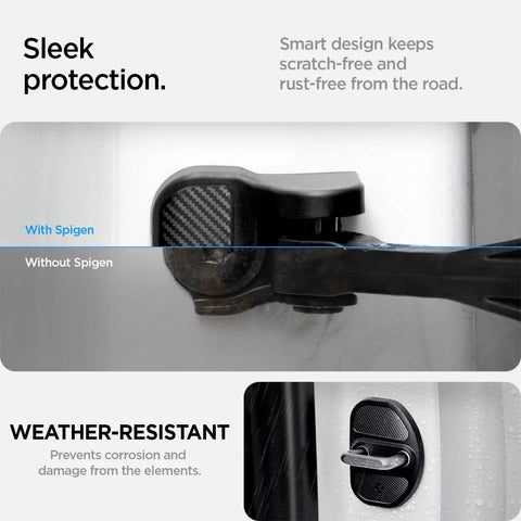 Tesla Door Lock Cover Protectors Set Of 4 For Model Y 2020 To 2026 And Model 3 2017 To 2026 shown installed, protects against weather, rust.
