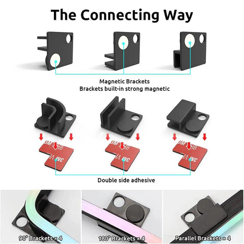 Connection methods for Dope Addressable RGB LED Strip Kit 2x15.7 Inch WS2812 Rainbow ARGB Lights with magnetic brackets.