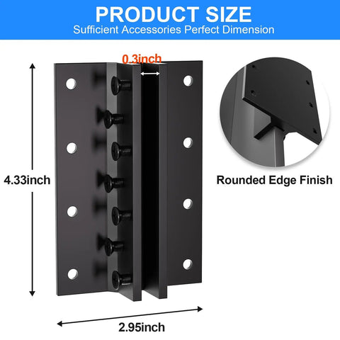 6 Pack T Post Mounting Brackets for Target Hangers and Fence Mounts, dimensions and close-up view, heavy duty carbon steel.