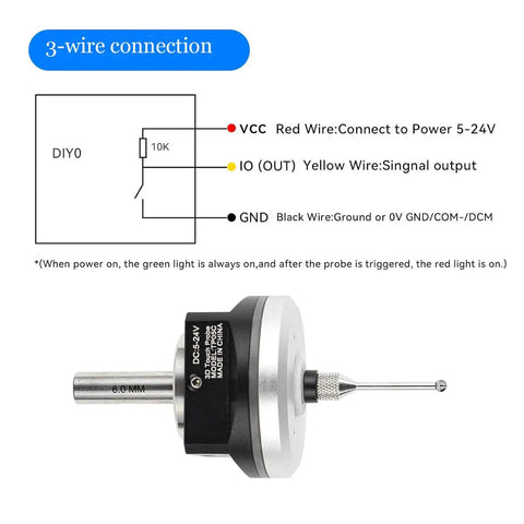 CNC 3D Touch Probe Edge Finder For Mach3 And GRBL CNC Routers, 6mm shank, with 2m cable, NPN-NO wiring diagram shown.