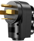Heavy Duty 60 Amp Male Plug NEMA 14 60P Straight Blade Right Angle Connector with gold prongs for reliable power transfer.