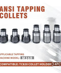 14 Piece TC820 ANSI Collet Set With Tap Holder For M36 Electric Tapping Machine High Precision Torque Overload Chuck Include M6 M7 M8 M10 M12 M14 M16 M18 M20 M22 M24 M25 M27 M30 M33 Sizes, displayed tapping collets of varying sizes.
