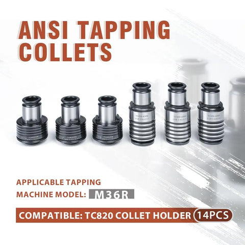 14 Piece TC820 ANSI Collet Set With Tap Holder For M36 Electric Tapping Machine High Precision Torque Overload Chuck Include M6 M7 M8 M10 M12 M14 M16 M18 M20 M22 M24 M25 M27 M30 M33 Sizes, displayed tapping collets of varying sizes.