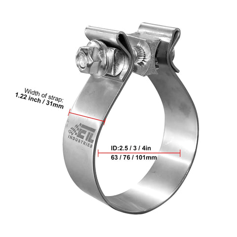 4 Inch Exhaust Clamp Narrow Band 304 Stainless Steel Muffler Band Clamp For Slip Fit Pipes Heavy Duty 1 Pc, side view with dimensions.