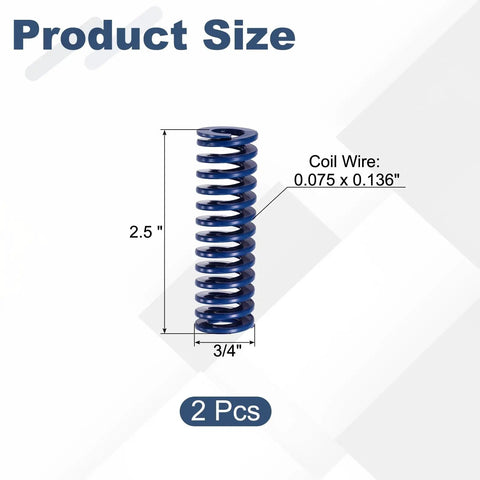 Product size details for Two Blue Heavy Duty Compression Springs For 3D Printers And Mechanical Gear With 3 4 Inch O D And 2 5 Inch Length Made From Tough Alloy Steel That Lasts A Lifetime.