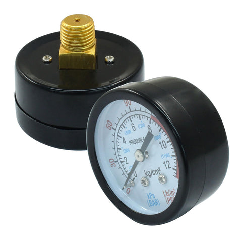 Two Pack 2 Inch Air Pressure Gauges For Air Compressors One Quarter Inch NPT Center Back Mount Brass Connection Sturdy Black Steel Housing 52 mm Dial Dual Gauge Set For Precise Readings