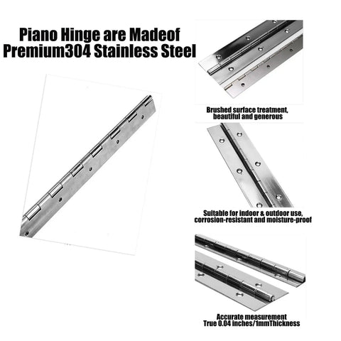 Rock Solid 6 Pack Heavy Duty Stainless Steel Piano Hinges For Cabinet Doors And Gates Built Different Rust Proof Silver Finish showing brushed surface treatment.