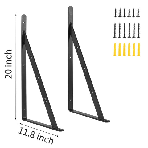 Beefy Heavy Duty 20x12 Inch Shelf Brackets 4-Pack, Black Aluminum Alloy Floating Corner Braces, Right Angle Shelf Supports, Built For Sturdy DIY Shelves, Load Up To 360-380 Lbs Per Pair