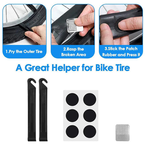 Road And Mountain Bike Tire Repair Kit with tire levers, patch, and rasp tool for Road MTB and BMX