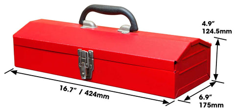 Hip Roof Portable Steel Tool Box Organizer For Home, Garage And Job Site, Tough As Nails Heavy Duty Metal Storage Chest With Rugged Powder Coat Finish, Secure Latch, Removable Tray, And Easy Carry Handle For Pros. Red steel tool box, 16.7 x 6.9 x 4.9 in