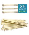 Heavy Duty Deck Screws And Exterior Wood Fasteners For Pressure Treated Lumber Boasting Badass Tan Coating Resistance And Star Drive Tip Self Tapping Design. 25 piece set of 10 x 4 inch carbon steel screws.