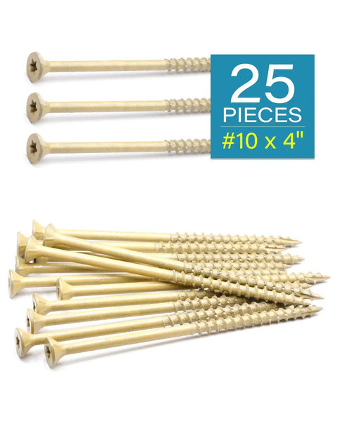 Heavy Duty Deck Screws And Exterior Wood Fasteners For Pressure Treated Lumber Boasting Badass Tan Coating Resistance And Star Drive Tip Self Tapping Design. 25 piece set of 10 x 4 inch carbon steel screws.
