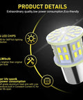 Bright 12V White LED Bulbs Kit With 50 SMDs For 1156 1141 1003 glowing components and specs text, eco-friendly details