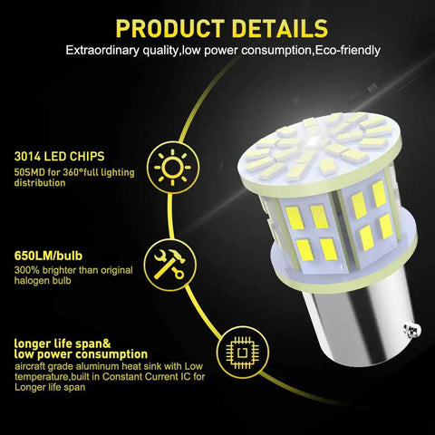 Bright 12V White LED Bulbs Kit With 50 SMDs For 1156 1141 1003 glowing components and specs text, eco-friendly details