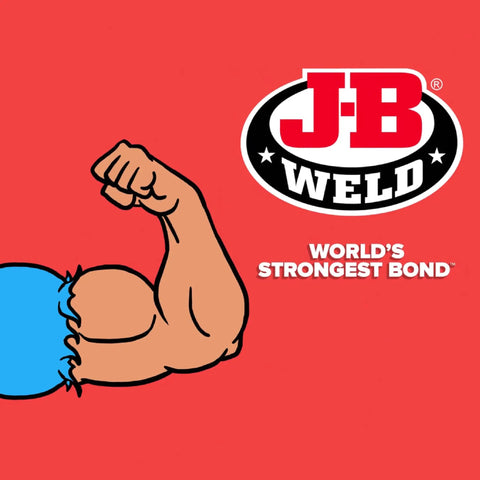 J-B Weld logo with flexed arm illustration and text 'World's Strongest Bond' on a red background.