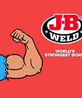 J-B Weld logo with flexed arm illustration, World's Strongest Bond slogan on red background