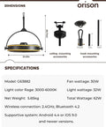 Outdoor Ceiling Fan 24.8 Inch 6 Speed Mounted Garage Fan With Remote And App 360 Degree Vertical Rotation shown with dimensions and specifications.